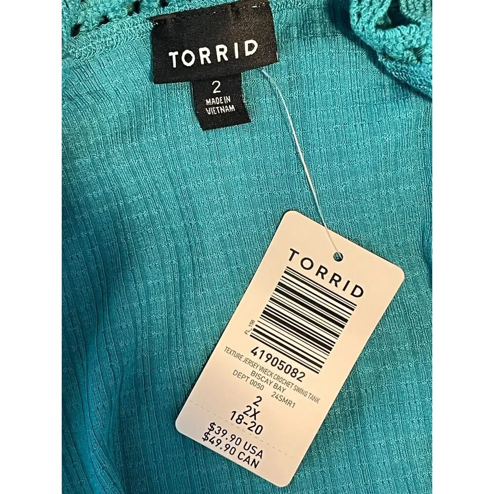 Torrid Textured Jersey V-Neck Crochet Swing Tank Top Biscay Bay Blue Size 2 NWT - Picture 10 of 10